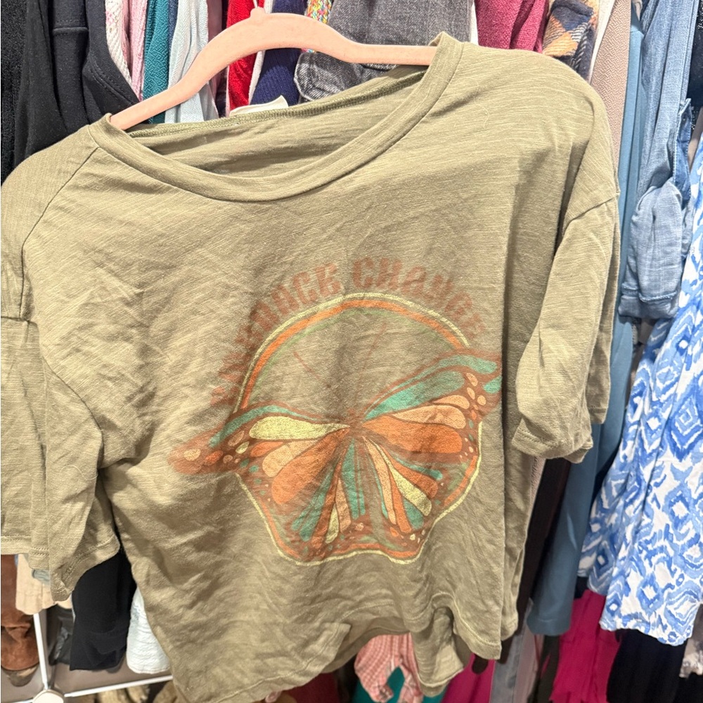 Olive Graphic T-Shirt with Butterfly Design